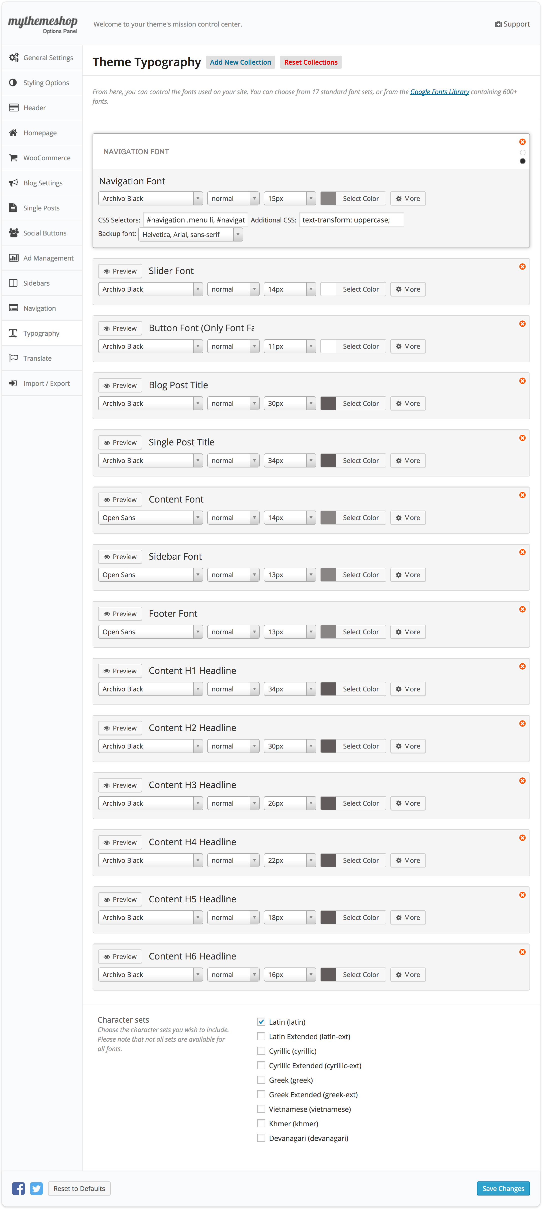 eMaxStore Typography settings