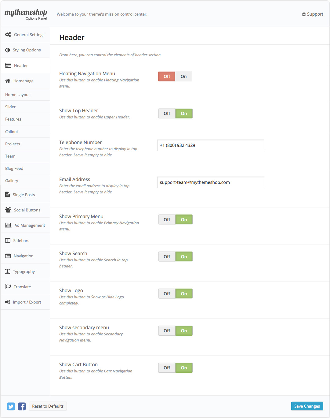 Business Header Settings
