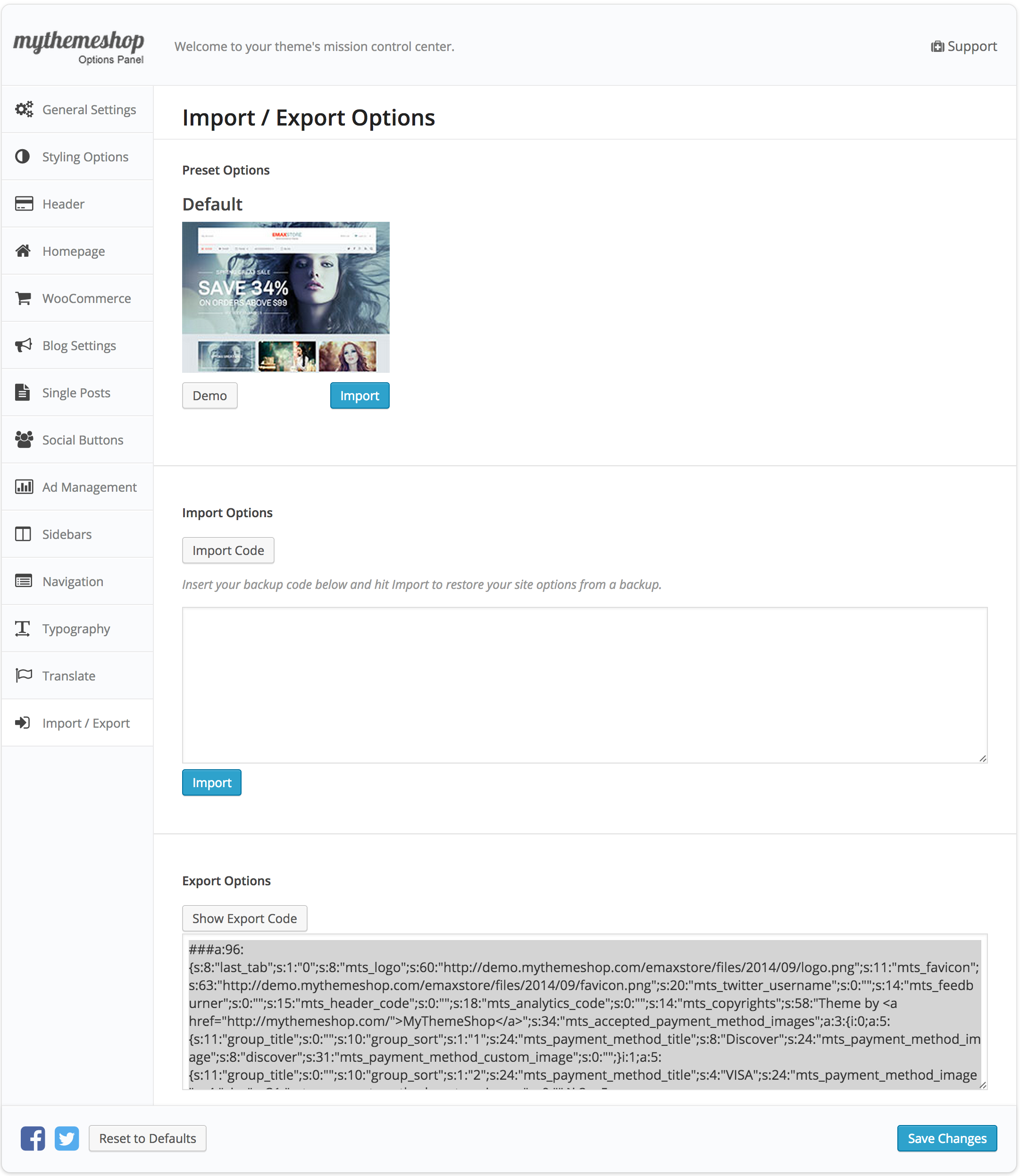 eMaxStore Import settings