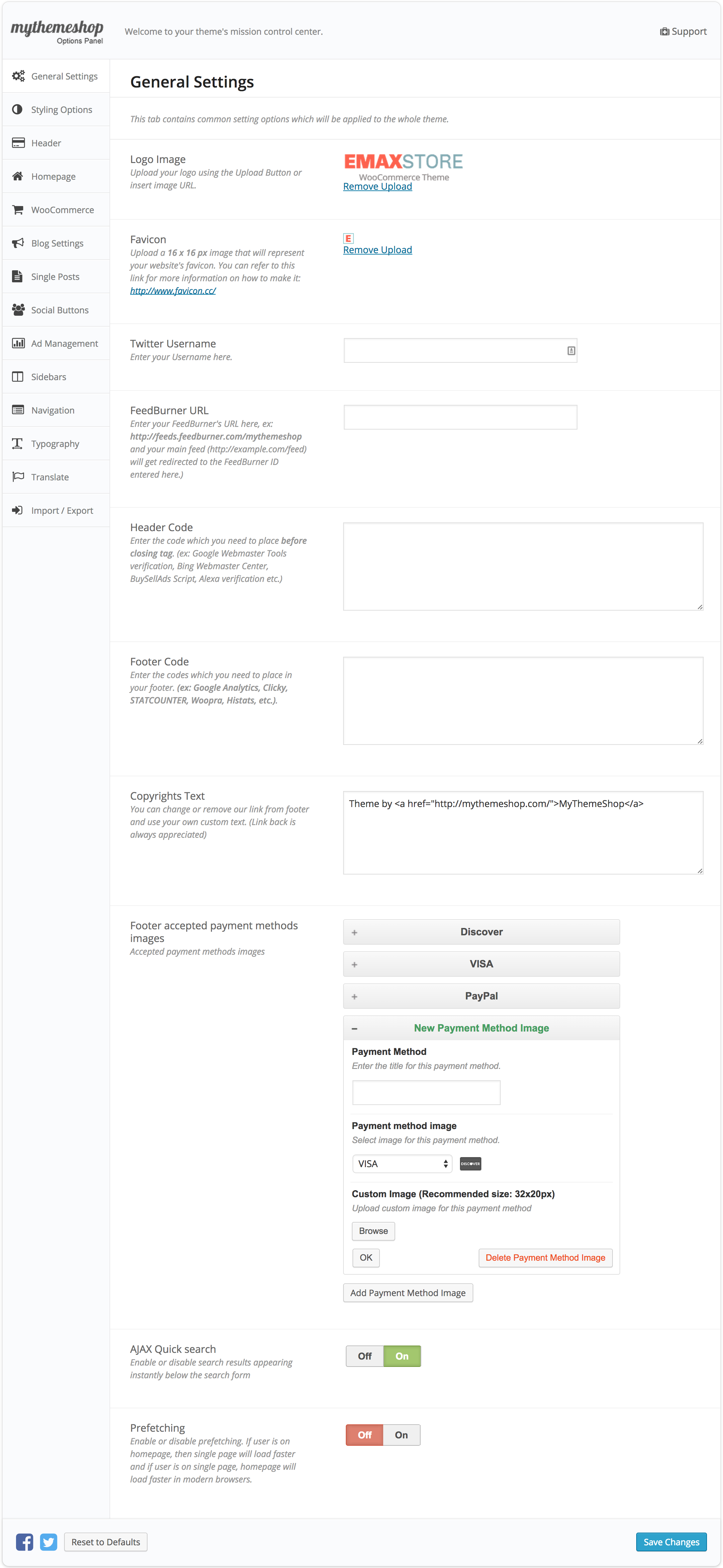 eMaxStore General settings