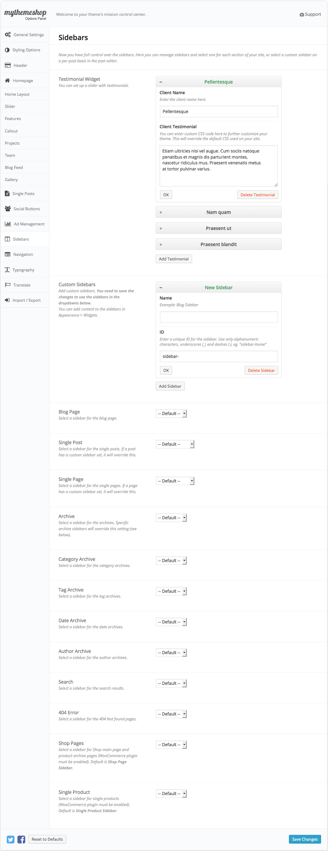 Business Sidebar Settings